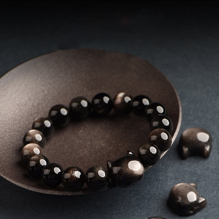 Buddha Stones Obsidiana con brillo dorado Obsidiana con brillo plateado Pata encantadora Pulsera de protección del gato de la suerte - image 27