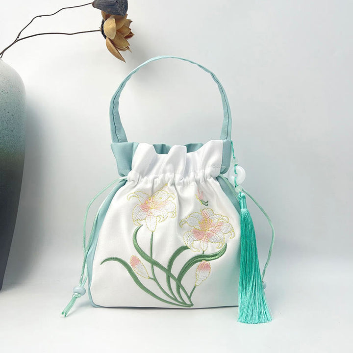 Buddha Stones Flores bordadas Wisteria Lily Algodón Lino Tote Bolso bandolera Bolso de hombro Bolso