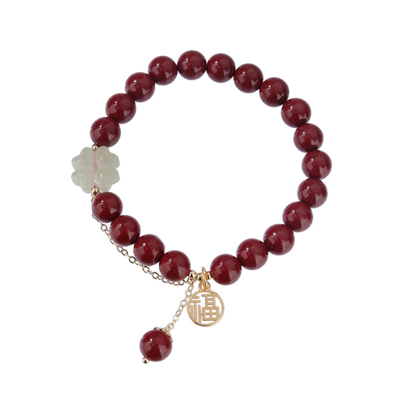 Pulsera de bendición con trébol de cuatro hojas de la suerte, Jade hetiano, cinabrio, Buddha Stones