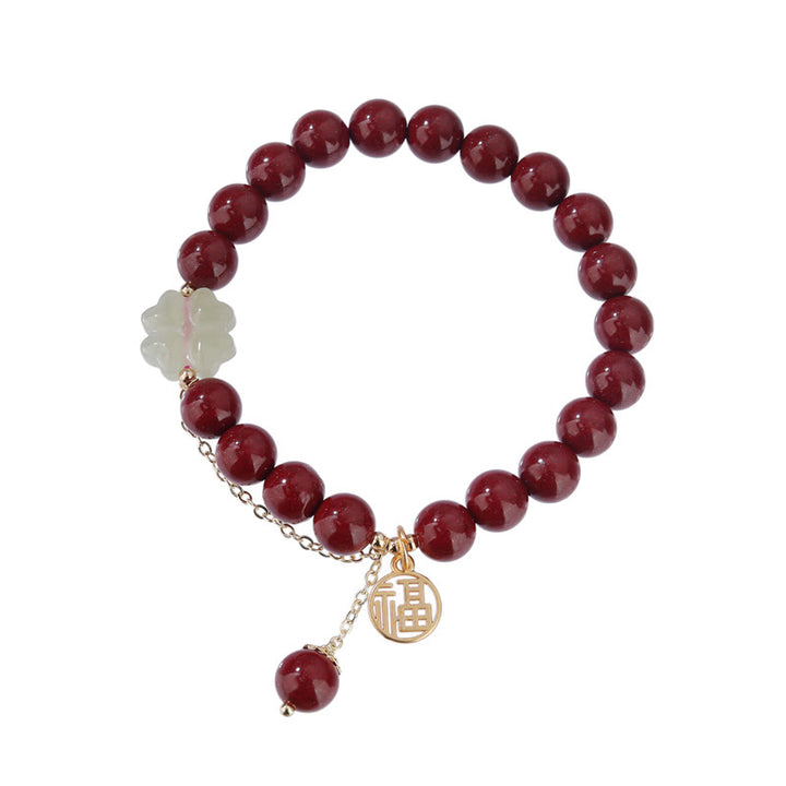 Pulsera de bendición con trébol de cuatro hojas de la suerte, Jade hetiano, cinabrio, Buddha Stones