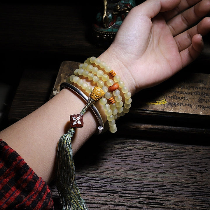 Pulsera de la suerte con 108 cuentas de Mala, cuerno de oveja del Tíbet, ámbar