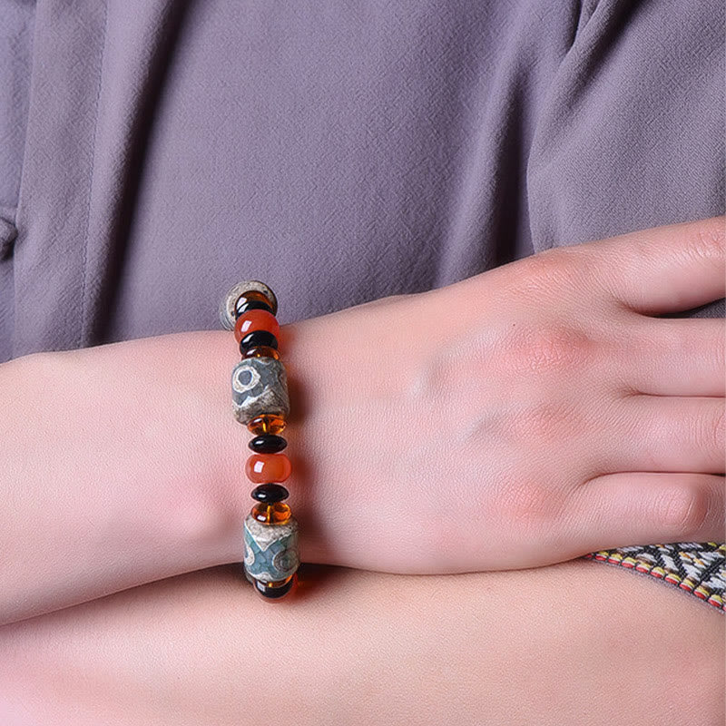 Pulsera tibetana de la felicidad con cuentas Dzi de tres ojos y Buddha Stones