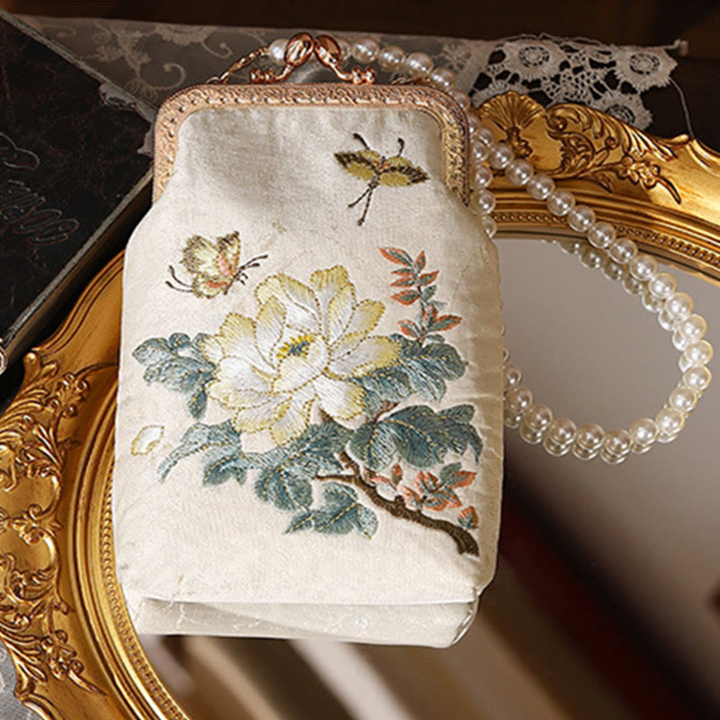Bolso bandolera con cadena de metal y perlas bordadas con mariposas y flores pequeñas de Buddha Stones, bolso cruzado para teléfono móvil