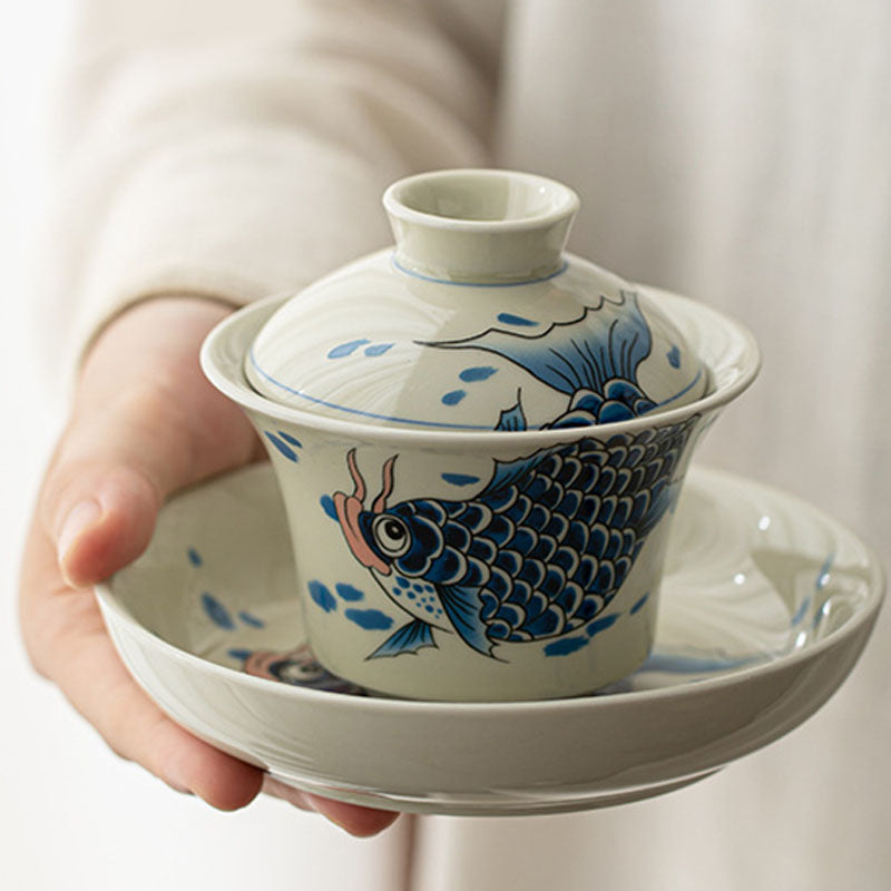 Buddha Stones Koi Arowana cerámica Gaiwan Sancai taza de té Kung Fu con tapa 130ml
