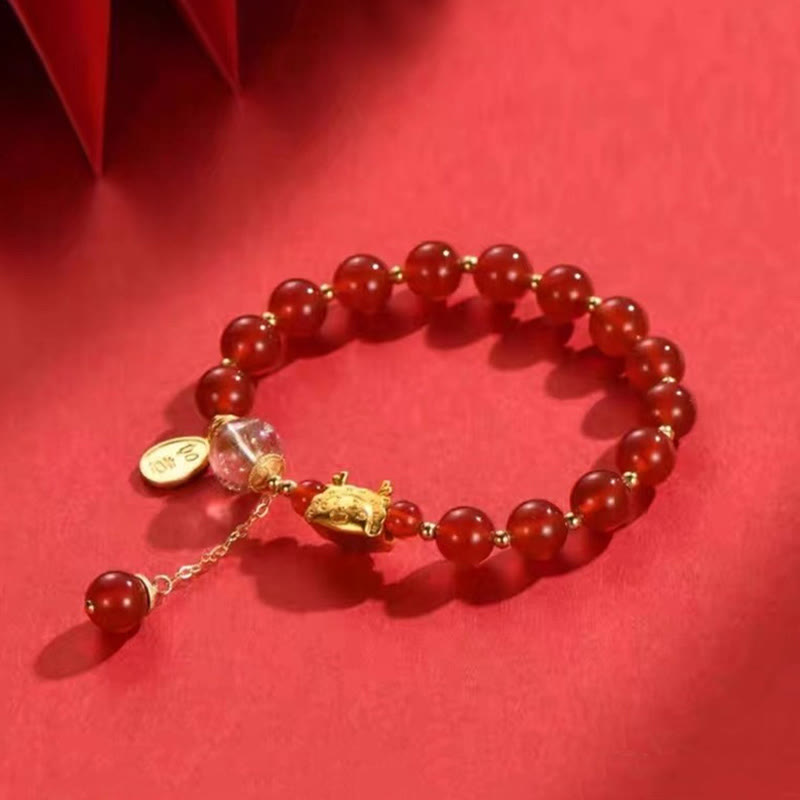 Buddha Stones Año del Dragón Dumpling Ágata Roja Natural Granate Hetian Jade Fu Personaje Suerte Éxito Pulsera