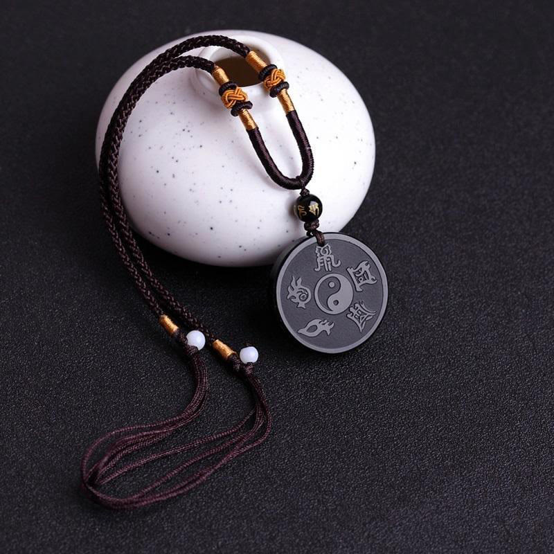 Buddha Stones Negra Natural Taoísmo Cinco Montañas Sagradas Mantra de Nueve Caracteres Tallado Fuerza Yin Yang Collar Colgante Llavero - image 3