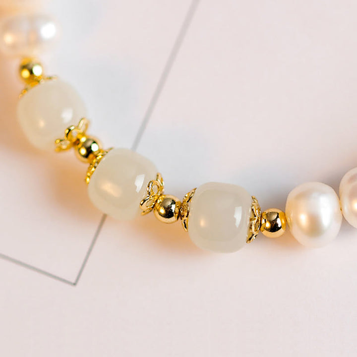 Pulsera de cadena de cuentas de sinceridad de jade blanco de jade cian hetiano con perlas naturales chapadas en oro de 14 quilates