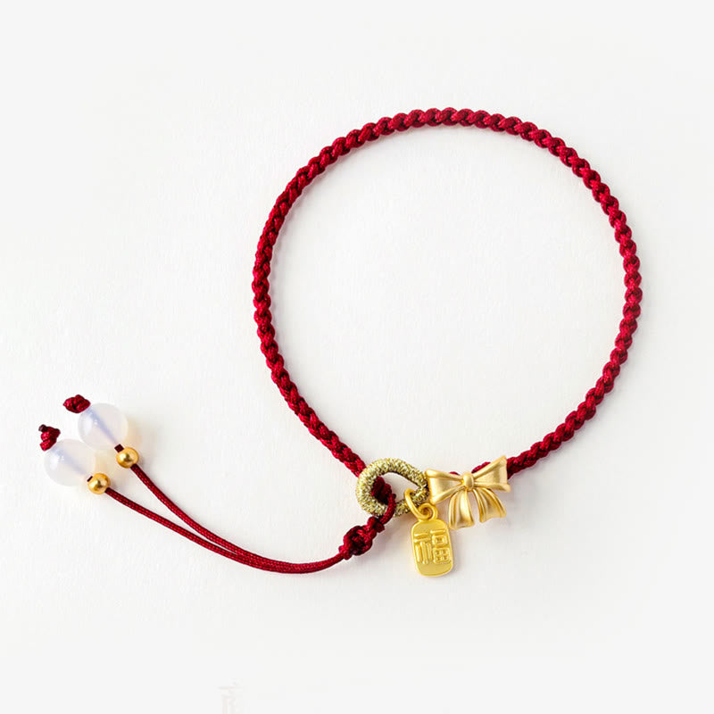 Buddha Stones hechas a mano, flor de melocotón, roseta, lazo, nudo Fu, amuleto, suerte, pulsera de cuerda roja