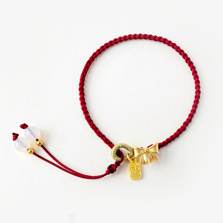 Buddha Stones hechas a mano, flor de melocotón, roseta, lazo, nudo Fu, amuleto, suerte, pulsera de cuerda roja