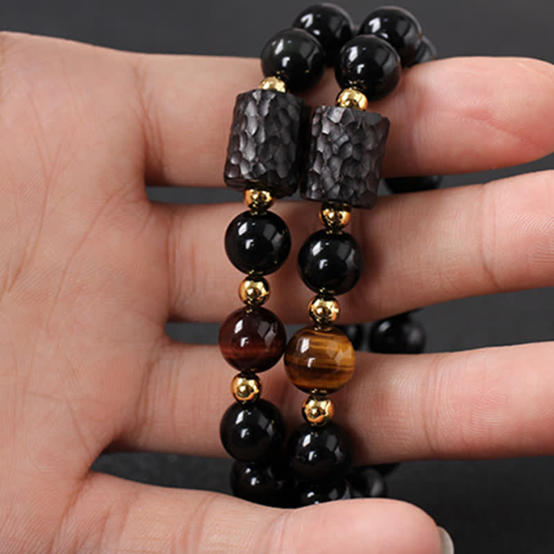 Pulsera de pareja de fuerza de ojo de tigre rojo de madera de ébano de obsidiana negra