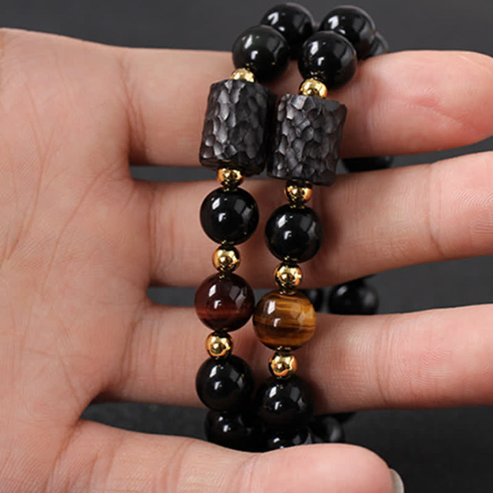 Pulsera de pareja de fuerza de ojo de tigre rojo de madera de ébano de obsidiana negra