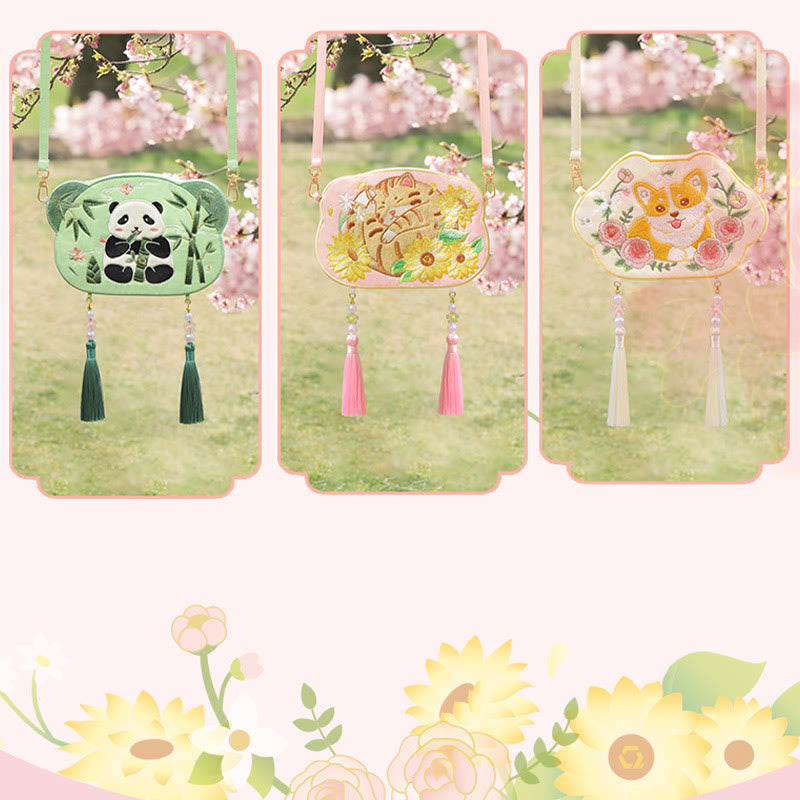 Bordado de Buddha Stones, Panda de la suerte, gato, Shiba Inu, ciervo, conejo, zorro, flor, Animal bonito, Hanfu, bolso cruzado, bolso de hombro