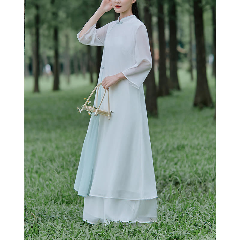 Vestido midi Cheongsam de gasa con manga tres cuartos y Buddha Stones , pantalones de pierna ancha, ropa de práctica Zen para meditación