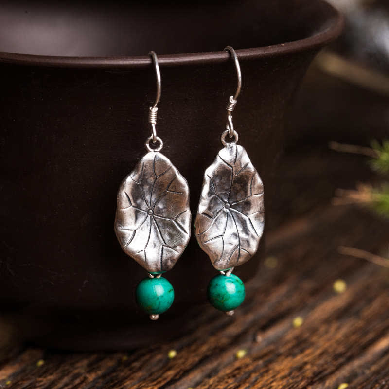 Pendientes colgantes de plata de ley 925 con protección de hoja de loto turquesa - Turquesa y plata de ley 925 - image 0