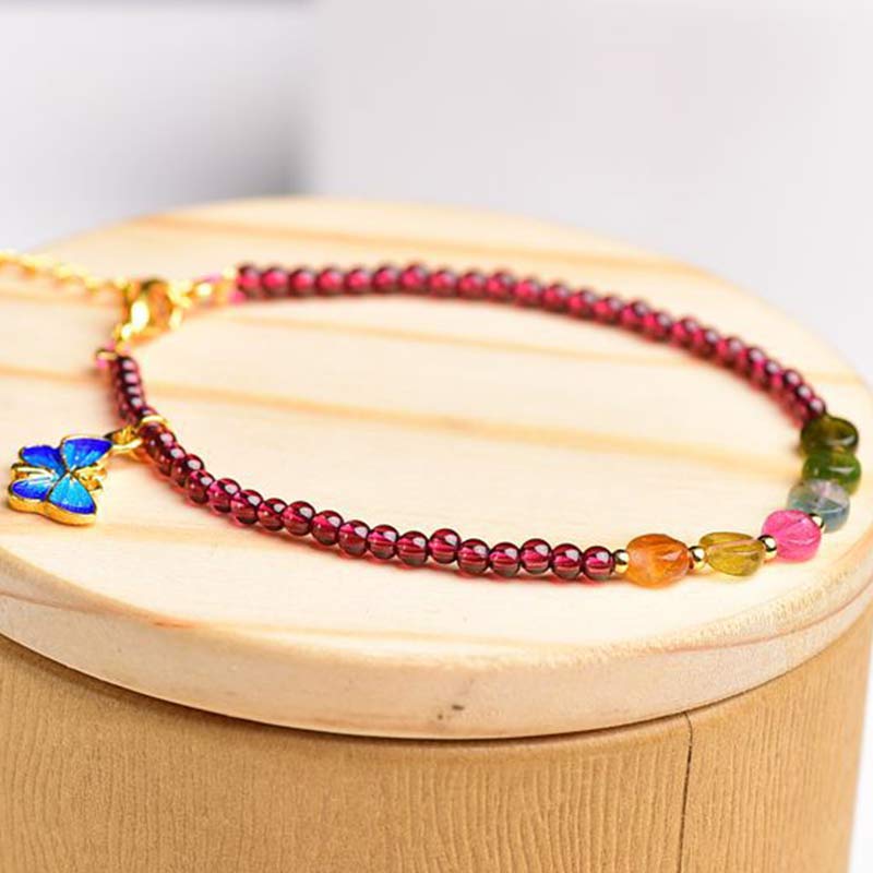 Tobillera Pulsera Protección Mariposa Turmalina Granate