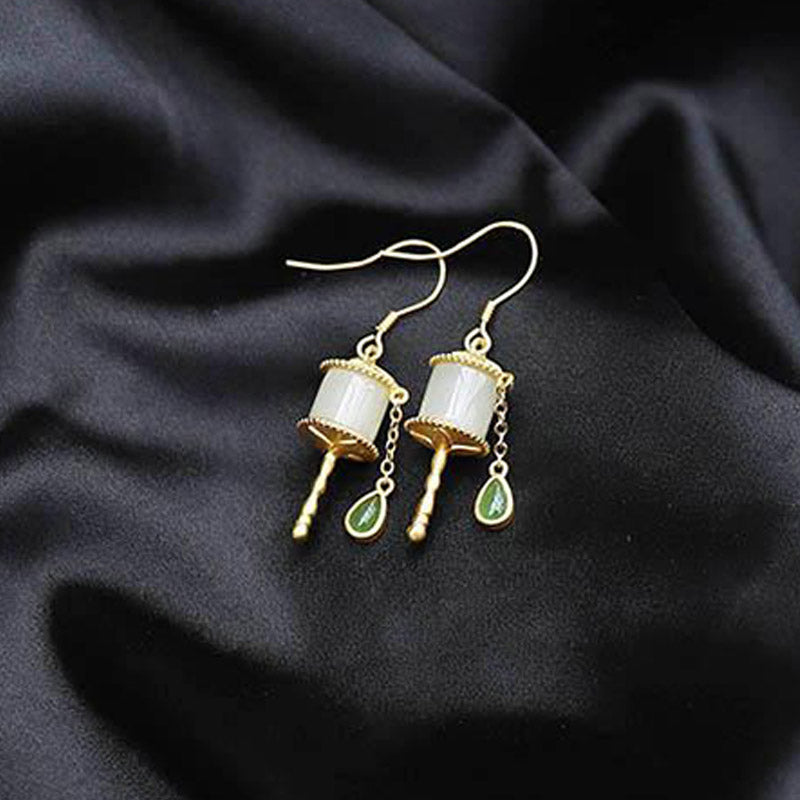 Pendientes colgantes de la suerte con rueda de oración de jade de plata de ley 925 con Buddha Stones