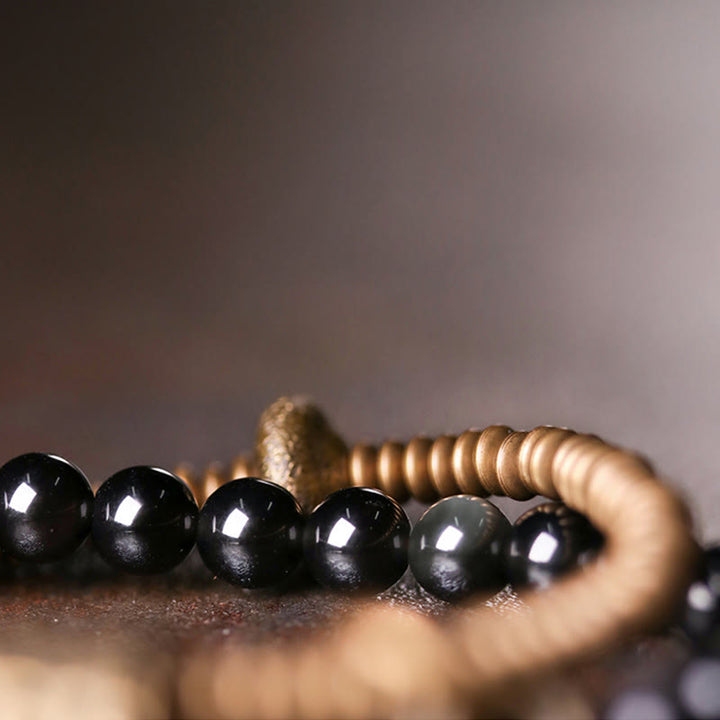 Pulsera de doble capa curativa de paz interior de cobre obsidiana arcoíris con Buddha Stones