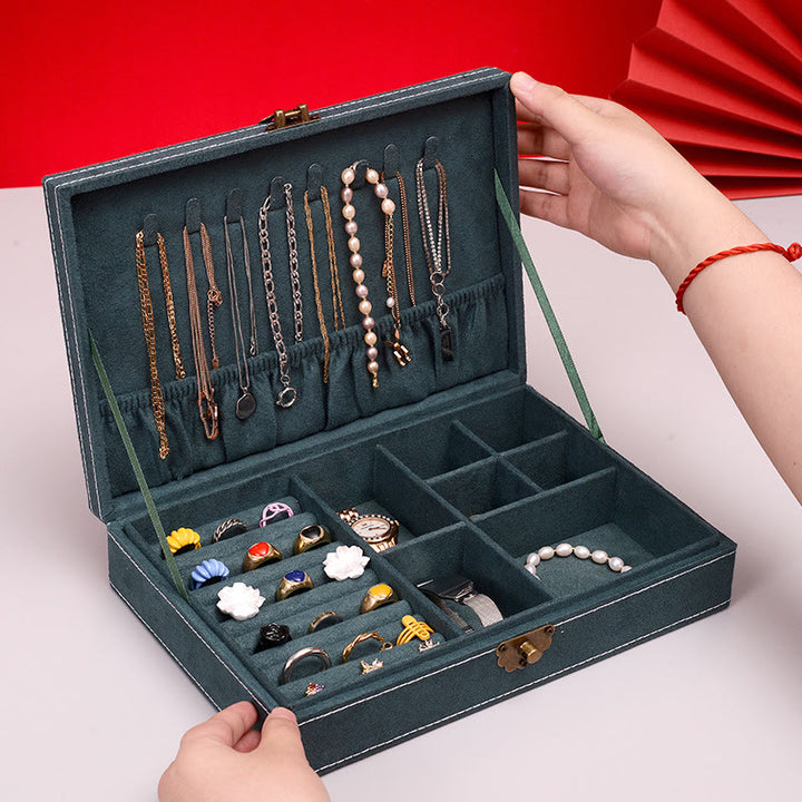 Caja organizadora de joyería de diseño Simple con Buddha Stones, caja de almacenamiento de joyería de franela de una sola capa con cerradura - Verde oscuro 28 cm x 19 cm x 6,5 cm - image 2