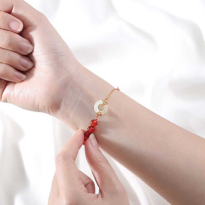 Pulsera de confianza con hebilla de paz de jade blanco de ágata roja natural de plata de ley 925