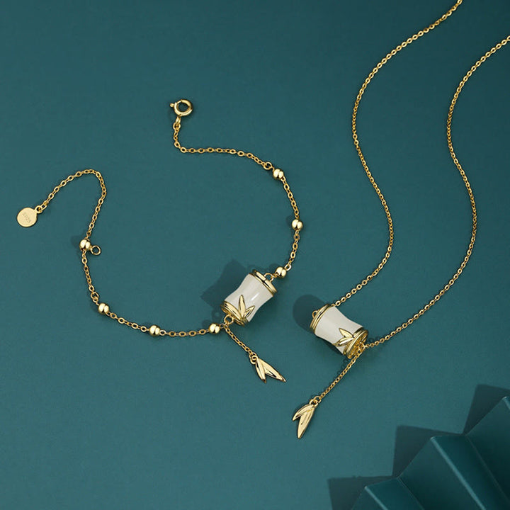 Buddha Stones de plata de ley 925, oro de 22 quilates, Jade blanco hetiano, hoja de bambú, collar de la suerte, pulsera con colgante - image 0