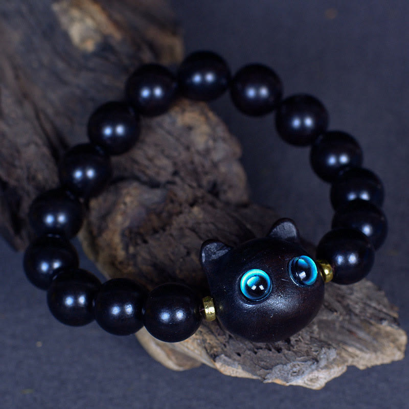 Pulsera de equilibrio de paz de gato encantador de cristal Liuli de madera de ébano con Buddha Stones - image 14