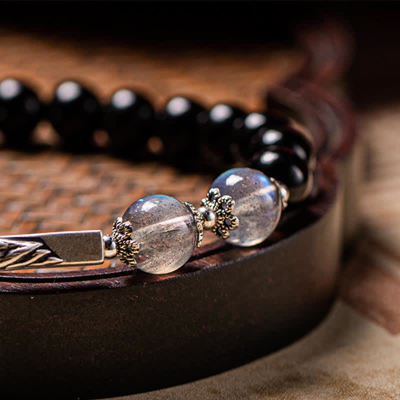 Pulsera de pareja de fuerza de piedra lunar de obsidiana de plata de ley 925 - image 15