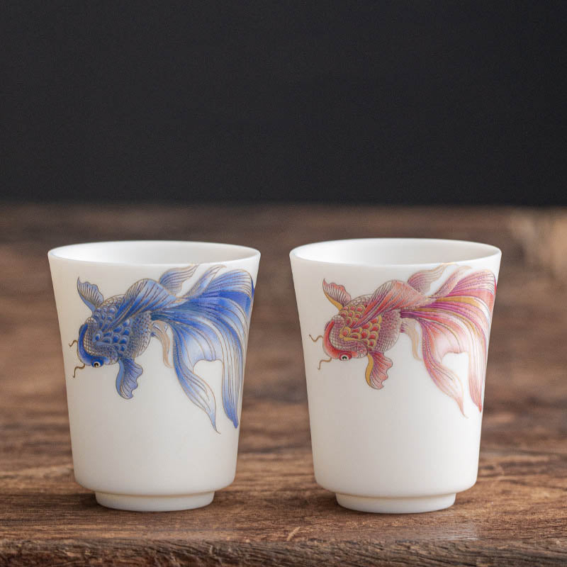 Taza de té de cerámica de porcelana blanca, pez Koi, Buddha Stones, taza de té de Kung Fu