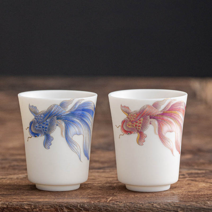 Taza de té de cerámica de porcelana blanca, pez Koi, Buddha Stones, taza de té de Kung Fu