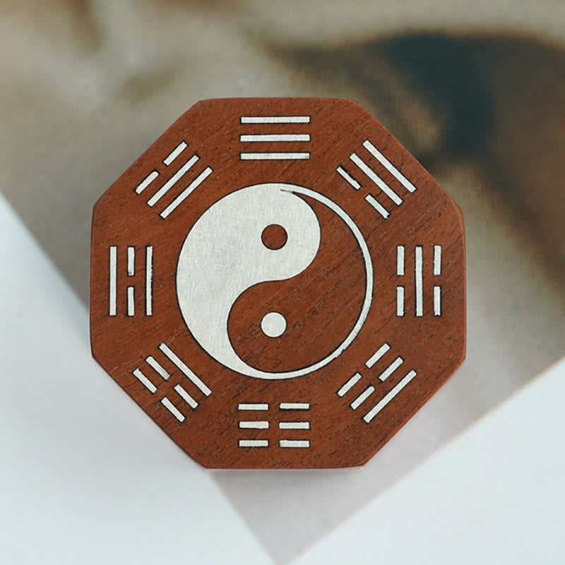 Buddha Stones hoja pequeña sándalo rojo madera de azufaifo madera de ébano plata con incrustaciones Yin Yang Bagua pulsera de protección de cazo grande