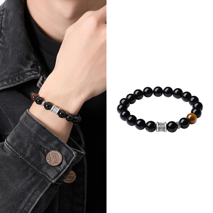 Pulsera de cumplimiento Om Mani Padme Hum de ojo de tigre de obsidiana negra de plata de ley 999 con Buddha Stones