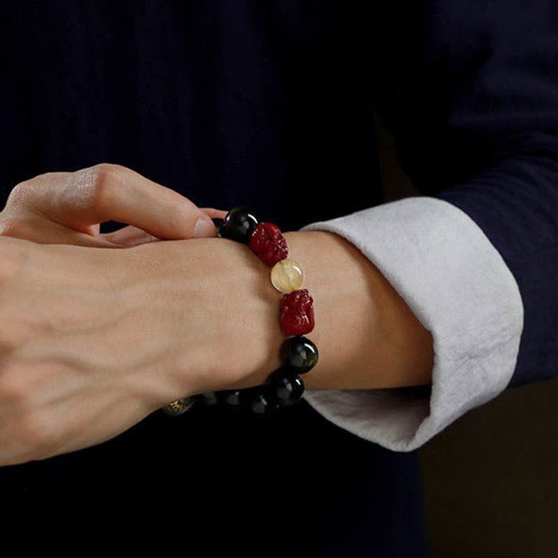 Pulsera de protección Om Mani Padme Hum de cinabrio PiXiu de obsidiana con brillo dorado de Buddha Stones