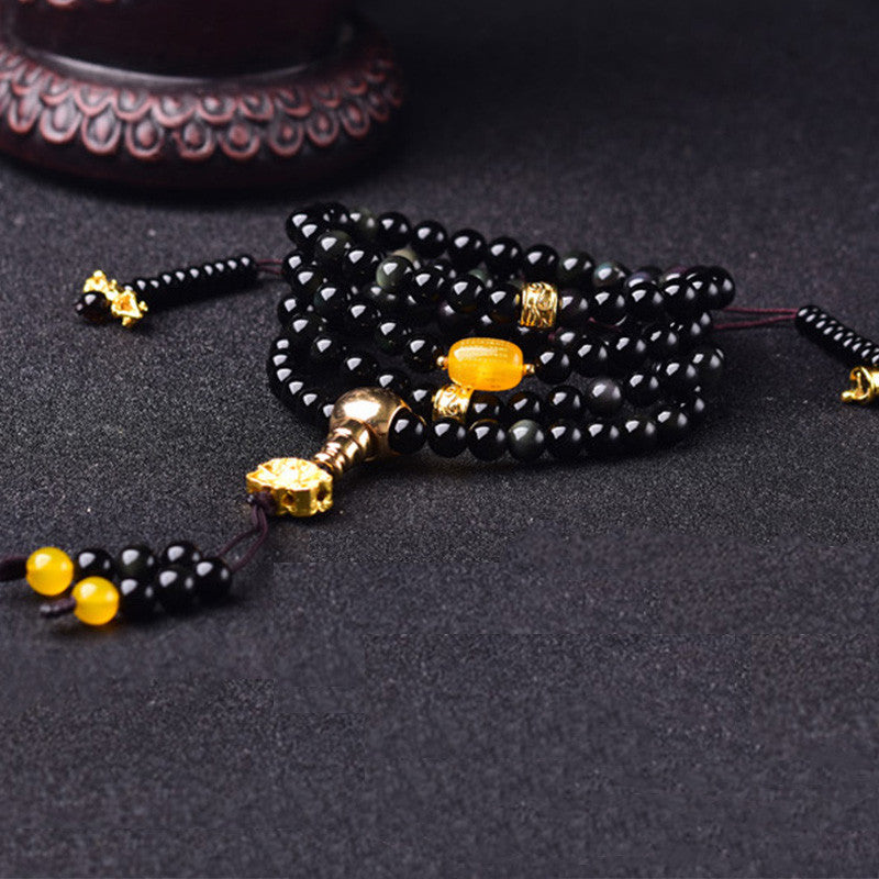 Pulsera Mala de cumplimiento de loto de obsidiana negra natural con 108 Buddha Stones