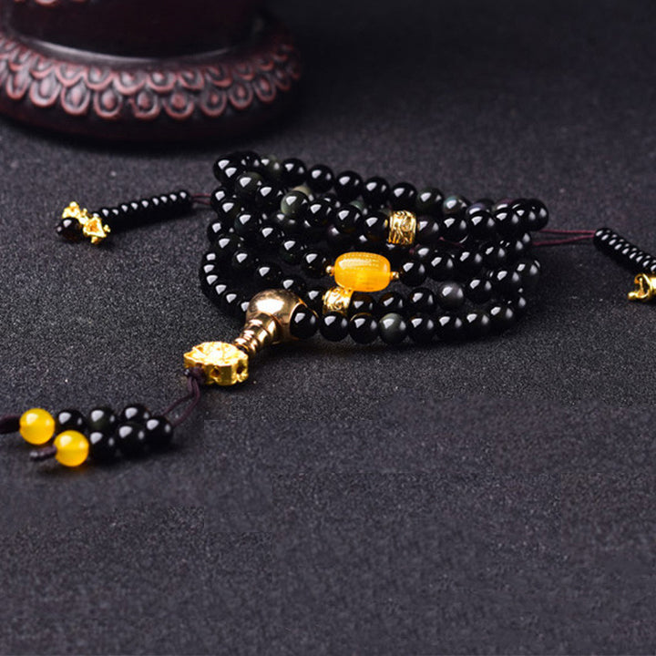 Pulsera Mala de cumplimiento de loto de obsidiana negra natural con 108 Buddha Stones