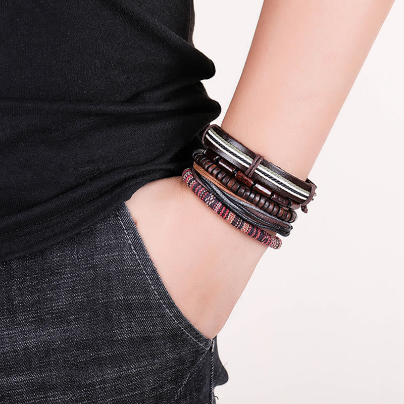 Pulsera de cuero con cuentas de madera y cordones de cáñamo envueltos con Buddha Stones