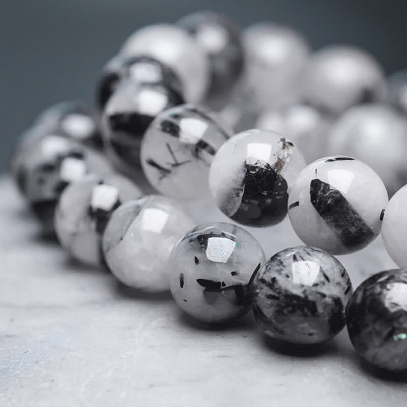 Pulsera de pareja de éxito de cristal blanco de madera de ébano de cuarzo rutilado negro