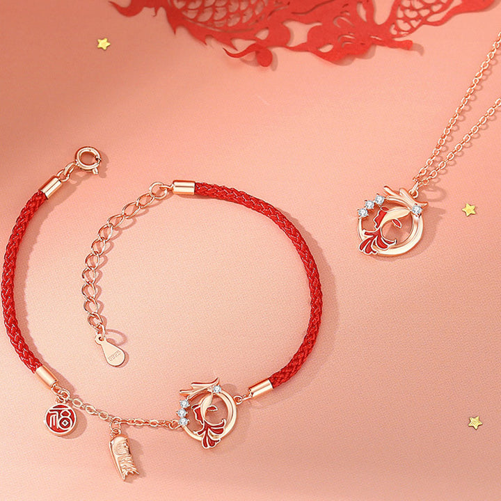 Collar con colgante de plata de ley 925 con Buddha Stones, diseño del año del dragón, pez Koi, Fu, personaje de la suerte