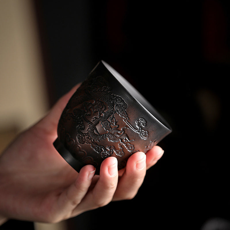 Buddha Stones, hoja de loto, paisaje de flores, dragón, taza de té de cerámica de bambú, tazón de taza de té de Kung Fu