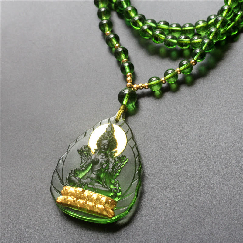 Buddha Stones Tara Verde Tibetana Buda Chapado en Oro Liuli Collar de protección de Cristal Colgante - Tara verde hoja - Versión dorada - image 4