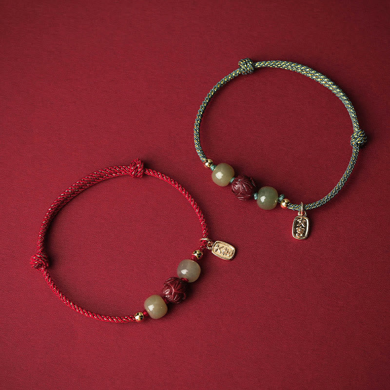 Pulsera de cuerda hecha a mano con Buddha Stones chapadas en oro de 14 quilates, jade hetiano, cinabrio, suerte de loto - image 1