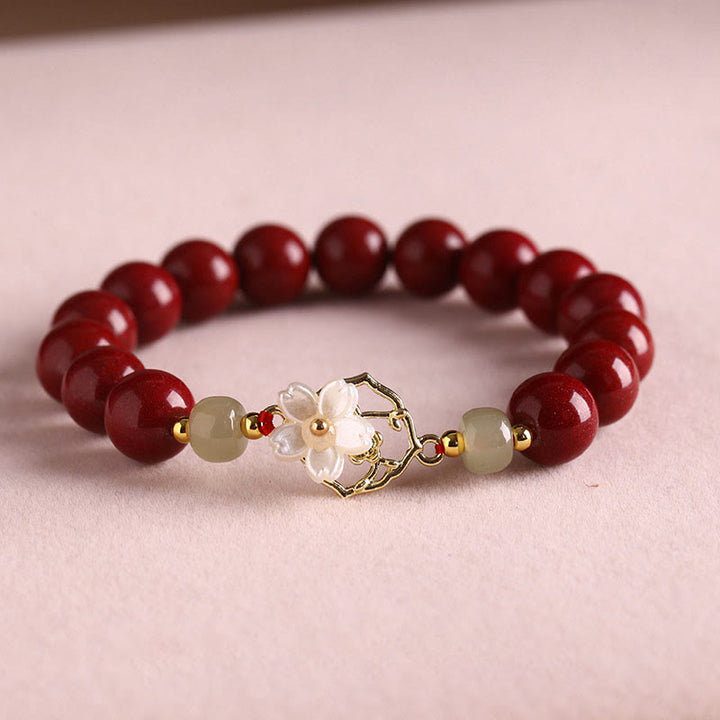 Pulsera de bendición de flores de piedra Tridacna con cuentas de jade cinabrio Natural de Buddha Stones