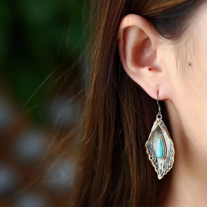 Pendientes colgantes de plata de ley 925 con diseño de hoja de Bodhi turquesa