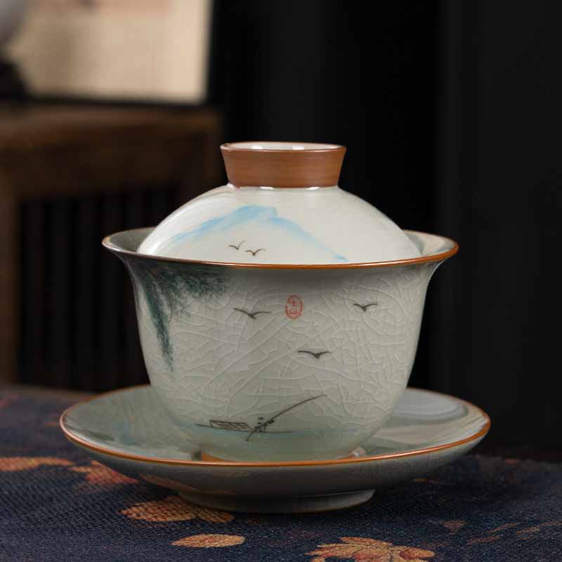 Buddha Stones, loto, pez Koi, hoja de vaina, taza de té de cerámica Gaiwan Sancai, taza de té de Kung Fu y platillo con tapa de 140ml