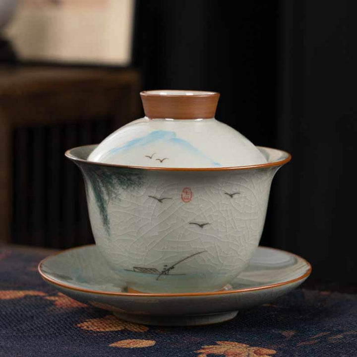 Buddha Stones, loto, pez Koi, hoja de vaina, taza de té de cerámica Gaiwan Sancai, taza de té de Kung Fu y platillo con tapa de 140ml