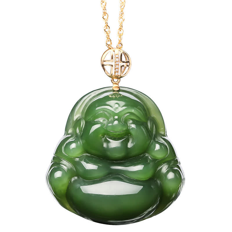 Colgante de cadena de collar de éxito de oro de 18 quilates con jade cian hetiano de Buda sonriente de plata de ley 925 - image 10