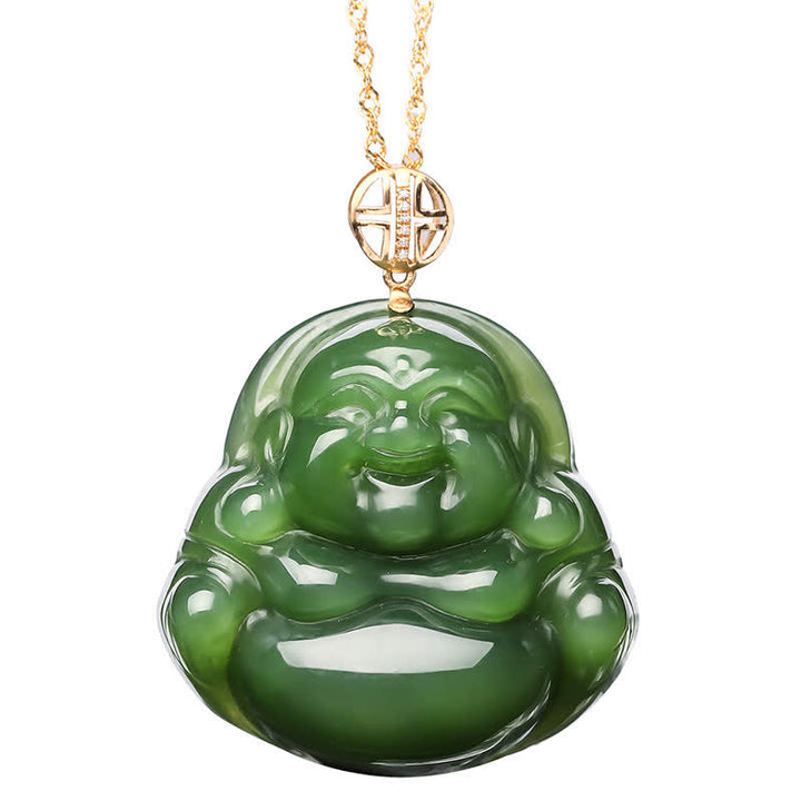 Colgante de cadena de collar de éxito de oro de 18 quilates con jade cian hetiano de Buda sonriente de plata de ley 925 - image 10