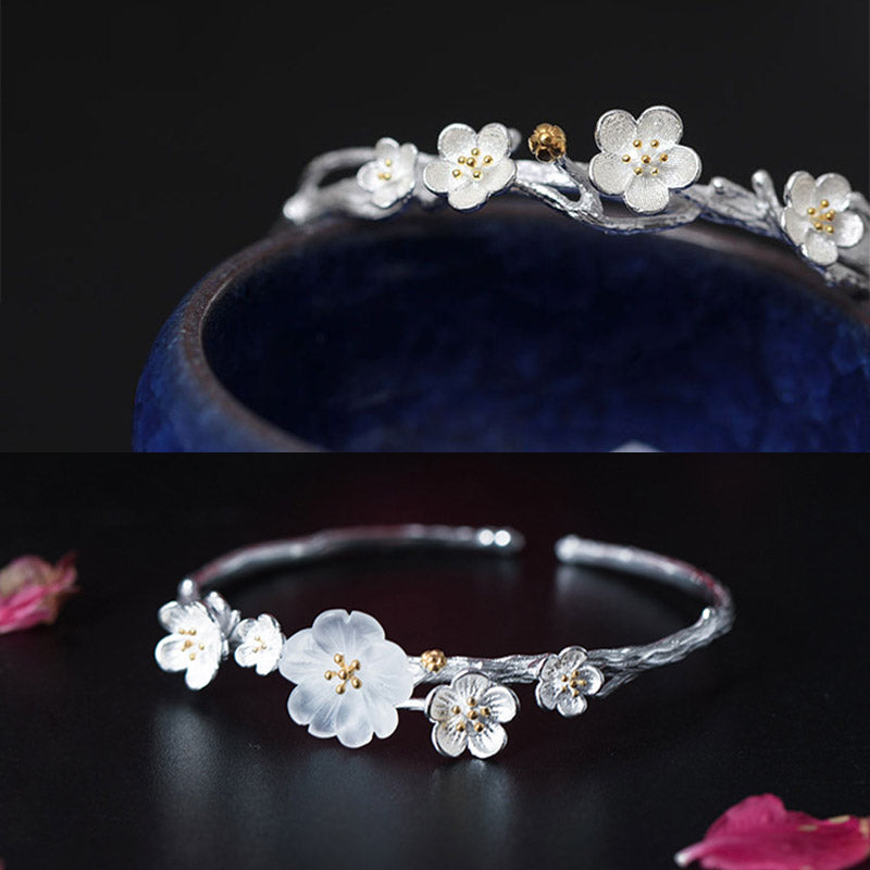Pulsera ajustable con Buddha Stones de plata de ley 925 con flor de ciruelo y bendición