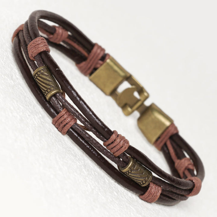 Pulsera de cuero vintage con Buddha Stones, pulsera con capas de cuerda marrón
