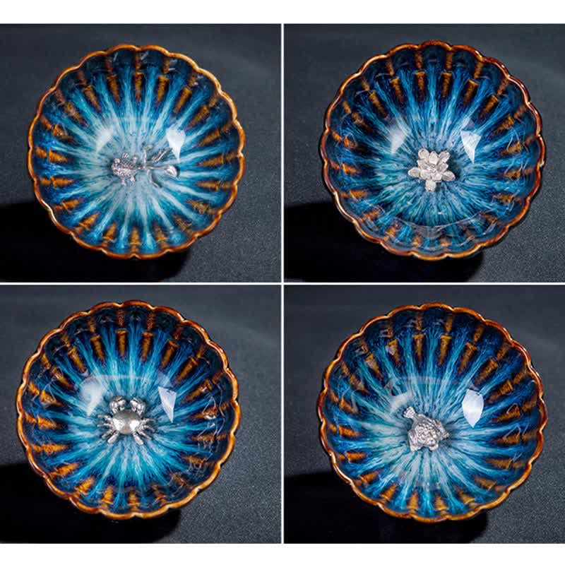 Tazas de té de cerámica con incrustaciones de Buddha Stones, loto, pez dorado, dragón auspicioso, fénix, 130 ml