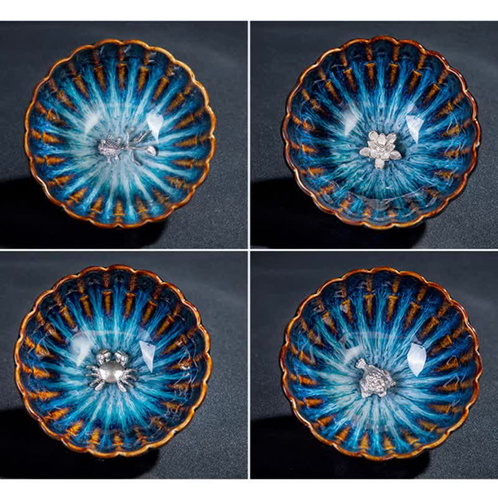 Tazas de té de cerámica con incrustaciones de Buddha Stones, loto, pez dorado, dragón auspicioso, fénix, 130 ml