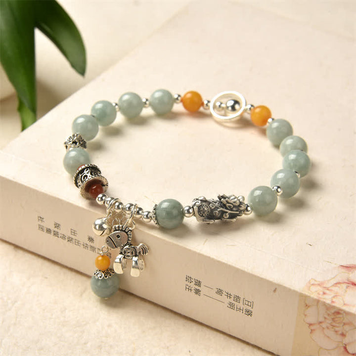 Pulsera de éxito de pony PiXiu de ámbar y jade natural de plata de ley 925